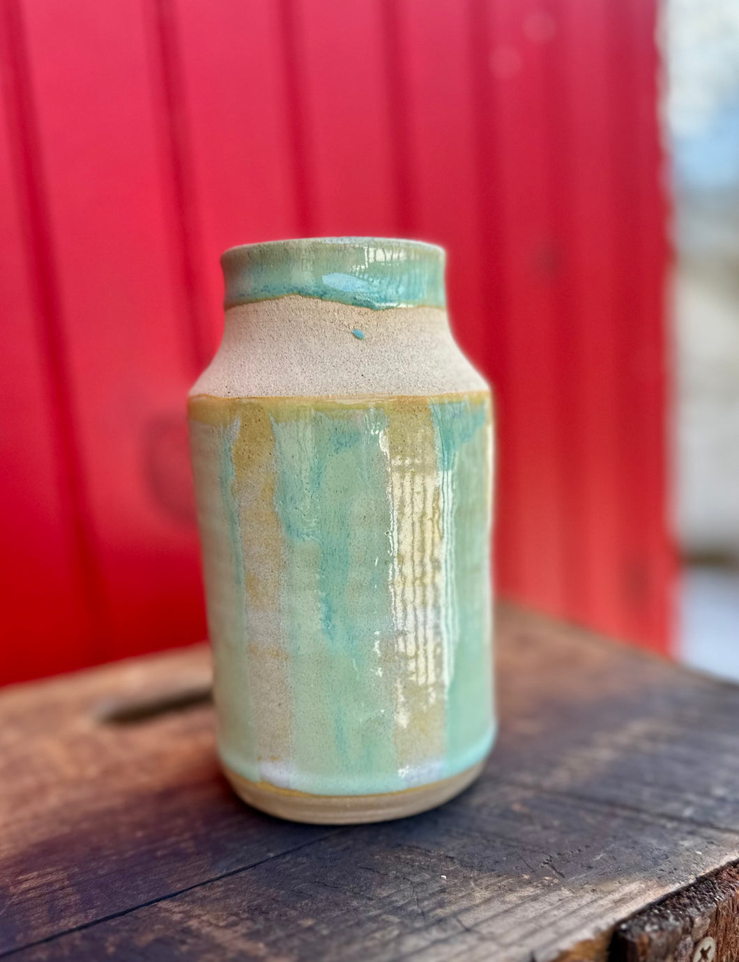 *SECONS SALE ITEM* Vase - Green with white strips- Superficial crack on bottom.